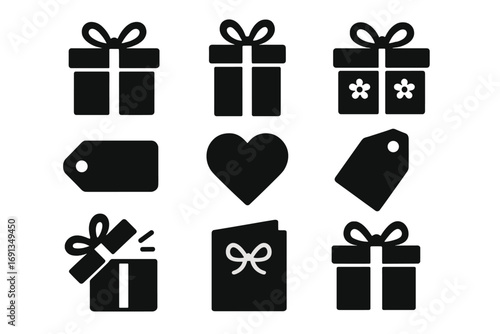 Gift icon set vector silhouette collection. Present box with bow, open surprise, price tag, heart, and greeting card symbols. Celebration, birthday, and holiday design elements.