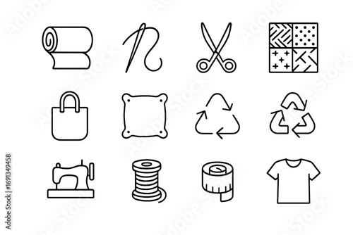 Upcycled Fabric Icons. Outline icon set of upcycled fabric art: fabric roll, needle, thread, scissors,