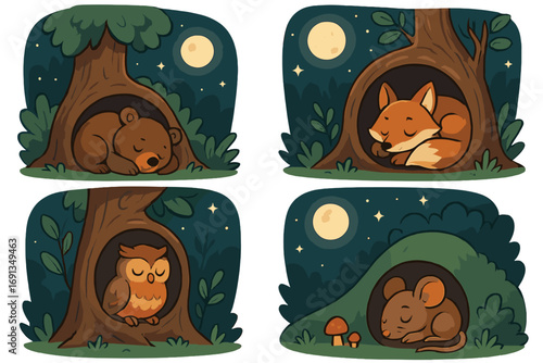 Set of cute animals sleeping in forest. Bear, fox, owl, mouse resting in cozy homes at night. Cartoon vector illustration of woodland creatures in den and burrow under the moon.