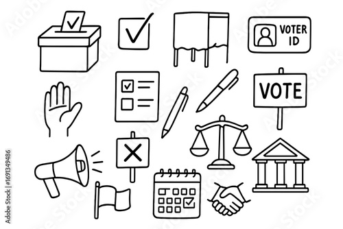 Election Symbols Doodle. Hand-drawn doodle illustration election and voting symbols ballot box, checkmark, voting booth, voter ID
