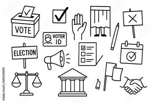 Election Symbols Doodle. Hand-drawn doodle illustration election and voting symbols ballot box, checkmark, voting booth, voter ID