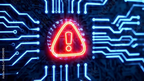Cyber Security Alert: Digital Warning Sign on Circuit Board, Data Breach