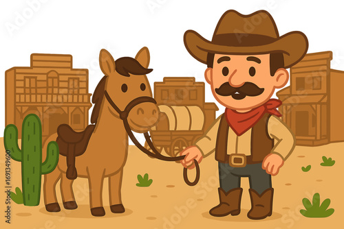 Cowboy character with horse in old western town. Wild West scene with cactus, desert landscape, and carriage. Vector cartoon illustration for children. American frontier concept.