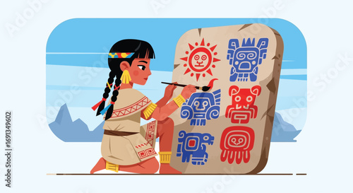 Indigenous woman painting ancient hieroglyphs on a stone tablet.