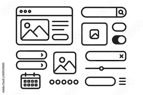 UI UX kit for web design and mobile app development. User interface elements, icons set. Wireframe template with buttons, search bar, slider, and navigation menu. Vector.