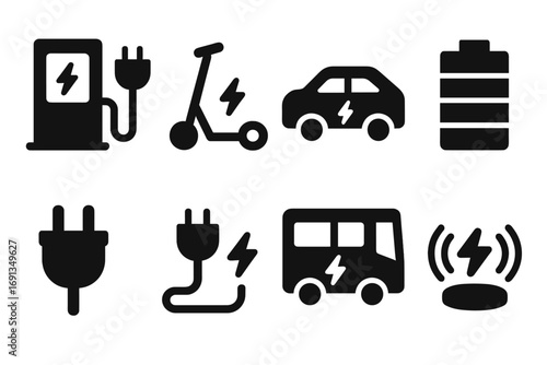 Electric Transport Icons. Solid, filled icon set of electric transportation: charging station, electric scooter, hybrid car,