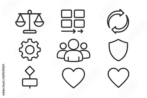 Ethical AI Icon Set. Outline icon set of ethical AI workflow: balance scale, dataset, arrows, gear, shield,