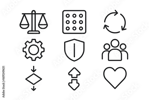 Ethical AI Icon Set. Outline icon set of ethical AI workflow: balance scale, dataset, arrows, gear, shield,