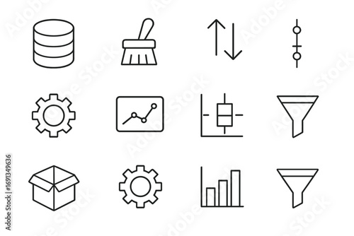 Data Preprocessing Icons. Outline icon set of data preprocessing: dataset, cleaning brush, arrows, feature
