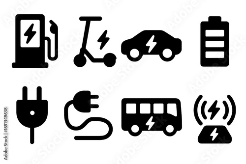 Electric Transport Icons. Solid, filled icon set of electric transportation: charging station, electric scooter, hybrid car,
