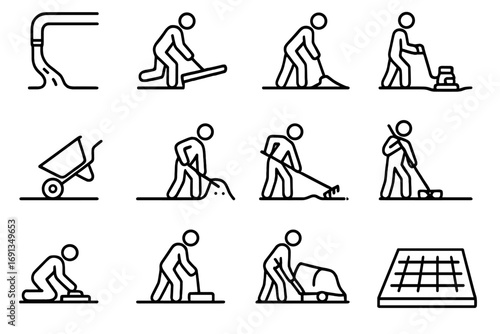 Concrete Pouring Icons. Outline icon set of concrete pouring activities: concrete hose pouring, leveling with screed, vibrating