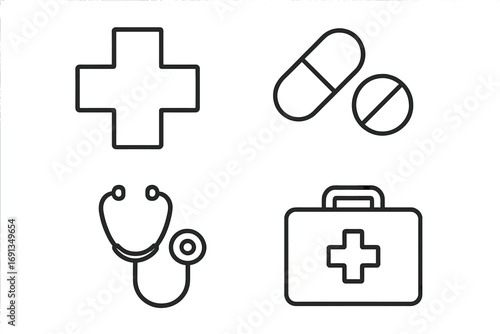 Healthcare and medicine line icon set. Medical icons for web, app, and graphic design. Simple outline vector symbols of a medical cross, pills, stethoscope, and first aid kit.