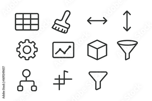 Data Preprocessing Icons. Outline icon set of data preprocessing: dataset, cleaning brush, arrows, feature