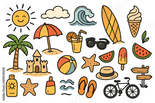 Hand-drawn summer doodles set. Cartoon vector illustration collection of beach fun and outdoor activity icons. Includes sun, palm, surfboard, ice cream, and sandcastle.