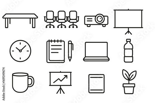 Conference Room Icons. Outline icon set of conference room essentials: long table, office chairs, projector, screen, clock,