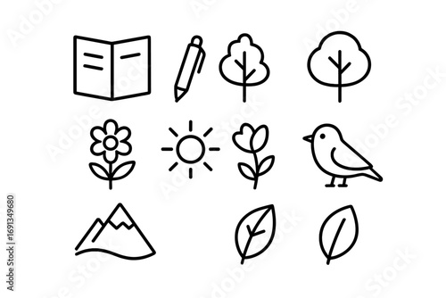 Nature Journaling Icons. Outline icon set of nature journaling moments: notebook, pen, tree, flower, sun, bird