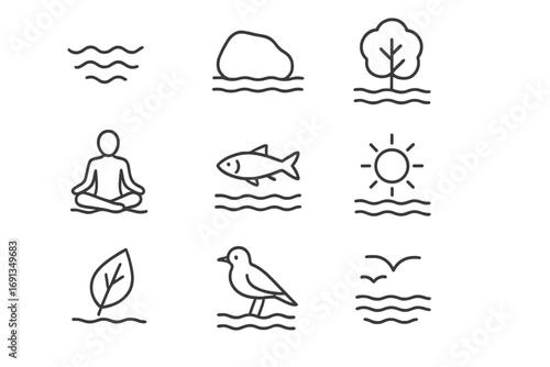 Riverside Reflection Icons. Outline icon set of riverside reflection: water ripple, rock, tree, meditating
