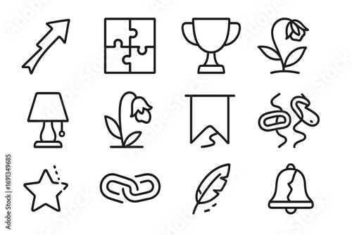 Icons of Discouragement. Outline icon set of discouragement: broken arrow, unfinished puzzle, empty trophy,