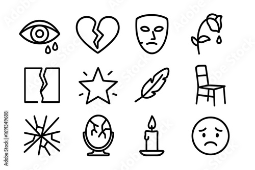 Emotional Pain Icons. Outline icon set of emotional pain: crying eye, broken heart, cracked mask, wilted rose,