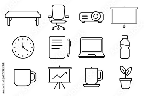 Conference Room Icons. Outline icon set of conference room essentials: long table, office chairs, projector, screen, clock,