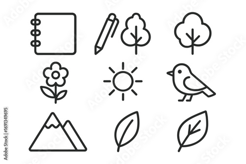 Nature Journaling Icons. Outline icon set of nature journaling moments: notebook, pen, tree, flower, sun, bird