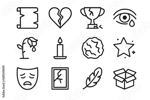 Broken Expectations Icons. Outline icon set of broken expectations: torn scroll, broken heart, shattered