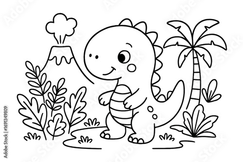 Cute dinosaur outline coloring page for kids. Vector cartoon illustration of a friendly dino in a prehistoric jungle with a volcano, palm tree, and tropical plants. Funny monster.