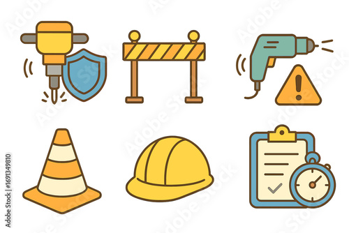 Construction Icons for Kids. Flat vector mini-illustrations Construction noise management in colors children's illustrations:
