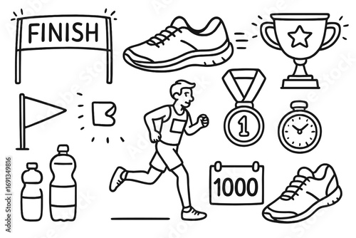 Marathon runner icon set. Hand drawn doodle of running man, shoes, medal, trophy and finish line. Sport competition and fitness vector elements. Cartoon line art athlete.