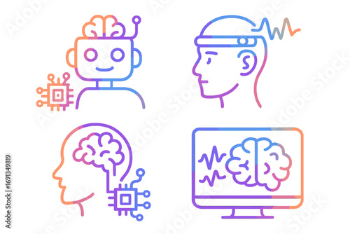 Artificial intelligence and brainwave tech concepts. Brain computer interface, EEG, and neural network icon set. Cyborg, mind reading, and machine learning vector graphics.