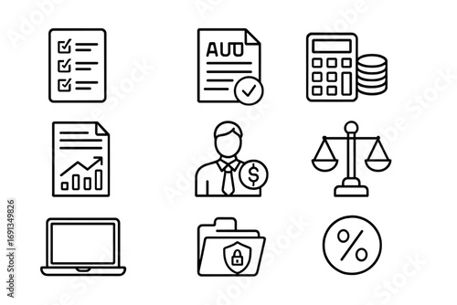 Auditing Icon Set. Outline icon set of auditing and compliance: checklist, audit document, magnifying glass,