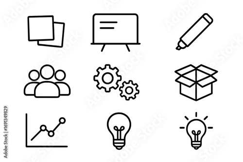 Design Workshop Icons. Outline icon set of design thinking workshops: sticky notes, whiteboard, marker, group