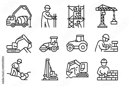 Construction Icon Set. Outline icon set of heavy construction tasks: concrete pumping, rebar tying, scaffolding assembly, crane