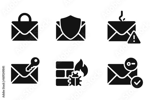 Email Security Icons. Solid, filled icon set of email security: padlock, shield, spam filter, phishing alert, encryption, firewall