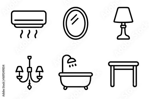 Interior furniture and home appliance line icon set. Household items collection. Vector outline pictogram pack with conditioner, mirror, lamp, chandelier, bathroom, table.