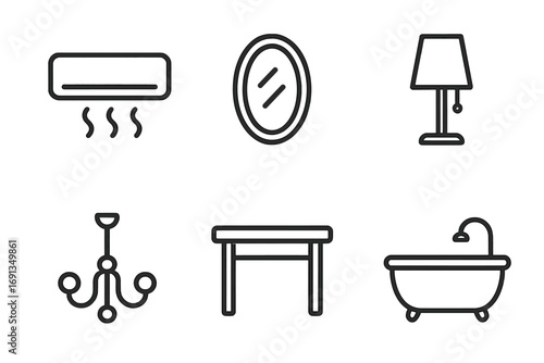 Interior line icon set for web and app design. Home furniture and house appliance outline pictograms. Editable vector symbols of conditioner, mirror, table, lamp, chandelier, bath.