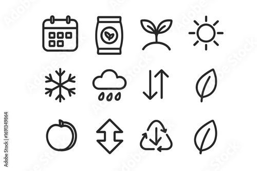 Seasonal Planting Icons. Outline icon set of seasonal planting schedules: calendar, seed packet, plant sprout,