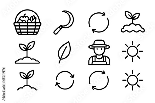 Sustainable Harvest Icons. Outline icon set of sustainable harvesting: basket of crops, sickle, arrows, soil,