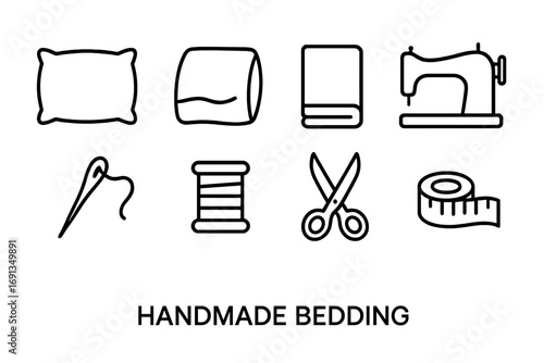 Handmade Bedding Icons. Outline icon set of handmade bedding: pillow, duvet, sheet, sewing machine, needle,