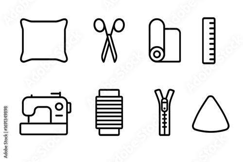 DIY Pillowcase Icons. Outline icon set of DIY pillowcase projects: pillow, scissors, fabric roll, ruler,