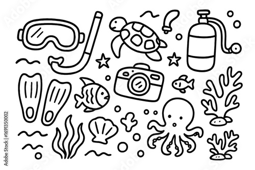 Doodle collection of scuba diving and snorkeling gear with marine life. Vector set of underwater adventure icons. Outline illustration with turtle, octopus, fish, and coral.