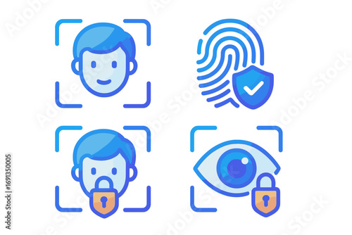 Biometric security gradient icon set. Face recognition, fingerprint scanner, and eye scan for digital identity verification. Concept for privacy, cybersecurity, and user authentication.