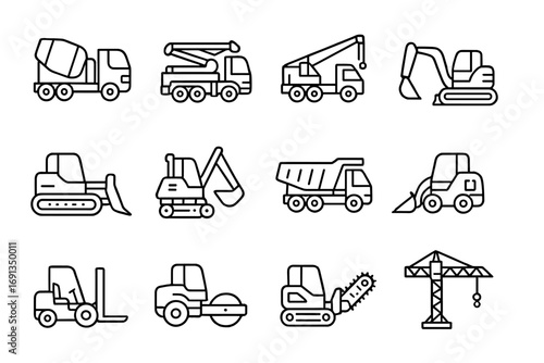 Construction Vehicle Icons. Outline icon set of construction vehicles: concrete mixer truck, concrete pump truck, crane, excavator