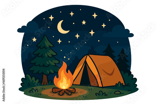 Camping adventure concept with tent and bonfire under the starry night sky. Outdoor recreation in nature. Summer travel and hiking in the forest. Vector cartoon illustration.