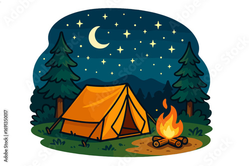 Camping adventure under the stars. Tent and campfire in nature. Vector cartoon illustration. Night forest scene with moon. Outdoor recreation. Hiking and travel concept. Summer camp.