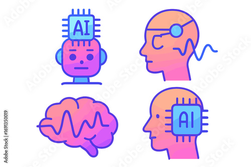 Artificial intelligence icon set. AI brainwave technology concepts. Vector illustration of a robot head, human with processor chip, neural interface, and machine learning.