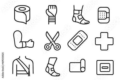 Athletic Taping Icons. Outline icon set of athletic taping and bracing: kinesio tape roll, wrist wrap, ankle