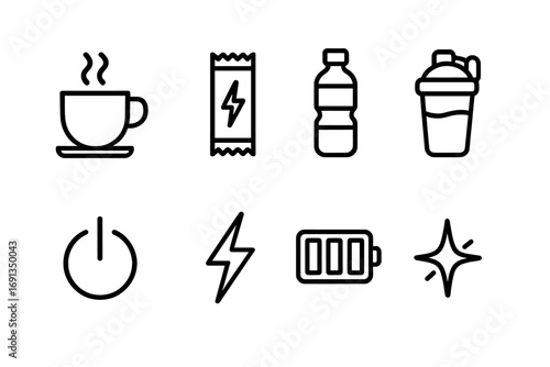 Energy Icon Set. Outline icon set of adrenaline and energy sources: caffeine cup, energy bar, water bottle, protein shake, power