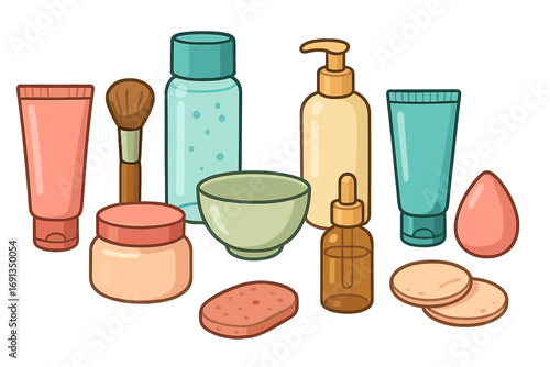 Collection of cosmetic and skincare items for beauty routine. Vector cartoon illustration set with cream, lotion, serum, brush. Skincare preparation and self-care concept.