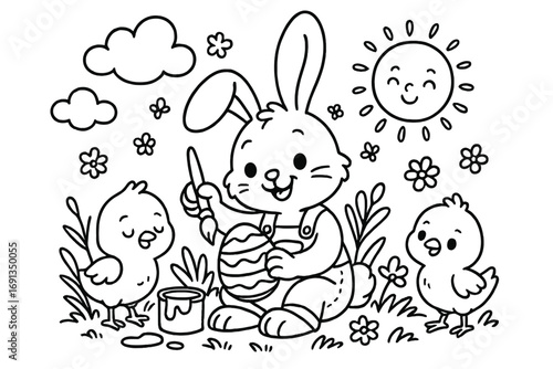 Easter bunny coloring page for kids. Cute rabbit painting egg with chicks. Spring holiday activity sheet. Black and white line art vector illustration for children's book. Kawaii animal character.